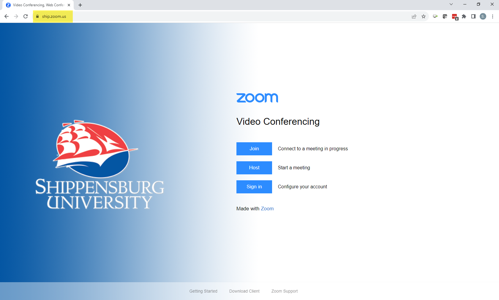Open a web browser and navigate to ship.zoom.us