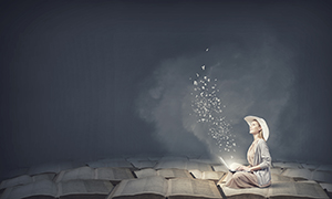 illustration of a young woman sitting on top of books with a book open in her lap and letters flying into the air